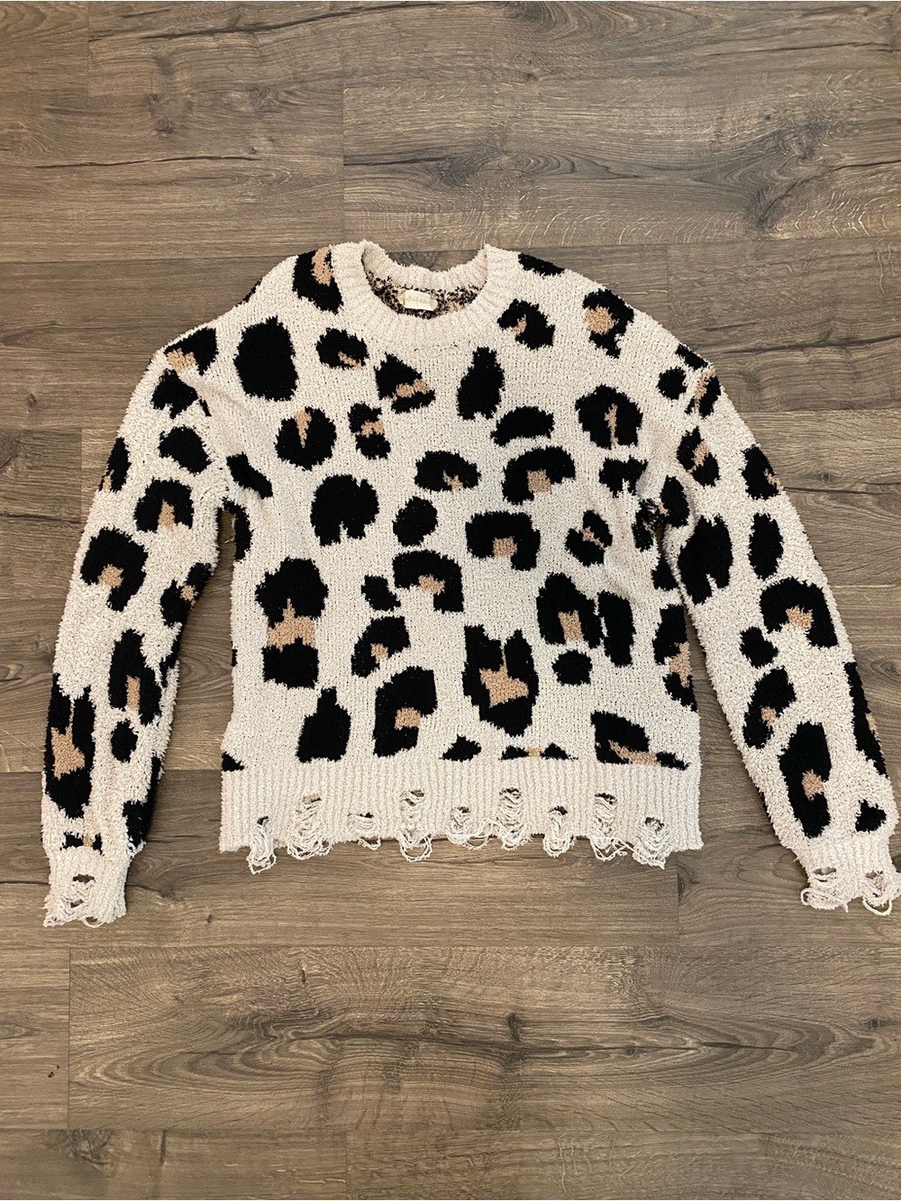 Altar'd State Cream Leopard Print Distressed Crewneck Sweater
